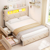 Full Upholstered LED Bed Frame with 2 Storage Drawers and 2-Tier Storage Headboard, Velvet Princess Platform Bed with Charging Station & Bookcase, Corner Bed Frame, Heavy Duty Metal Support, Beige Jocoevol