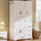 LIKIMIO Wardrobe Closet with 5 Cabinet Doors and 3 Drawers, Large-Capacity Deep Armoire for Bedroom with 3 Side Hooks, Hanging Rod and Anti - tip Kit, White LIKIMIO