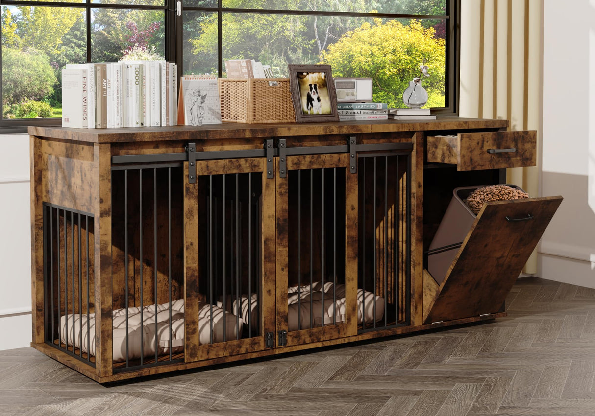KIGOTY Furniture Style Dog Crate with Storage, 71 Inch Double Dog Crate for 2 Dogs, Wooden Large Dog Kennel with Drawers,Tilt Out Trash Cabinet,Divider and Sliding Doors (Rustic Brown) KIGOTY