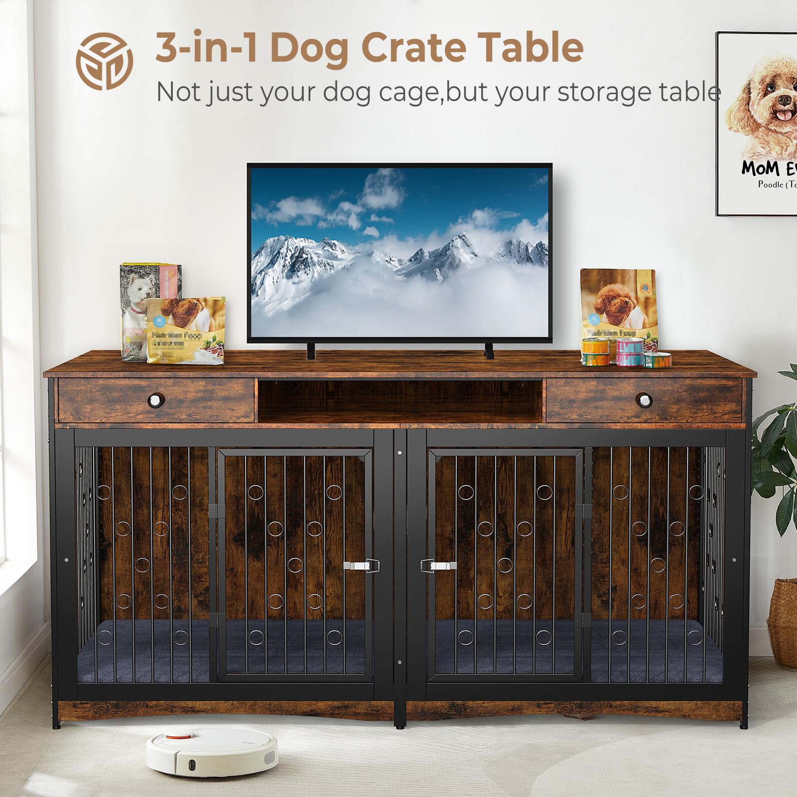 Lyromix 70.86'' Dog Crate Furniture Large Breed TV Stand with 2 Drawer & Double Rooms,Wooden Dog Kennel Dog Crate End Table with Cushion Removable Divider for Large Medium Dogs, Brown - WoodArtSupply