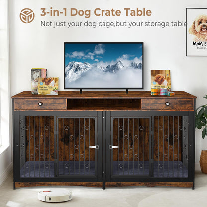 Lyromix 70.86'' Dog Crate Furniture Large Breed TV Stand with 2 Drawer & Double Rooms,Wooden Dog Kennel Dog Crate End Table with Cushion Removable Divider for Large Medium Dogs, Brown - WoodArtSupply