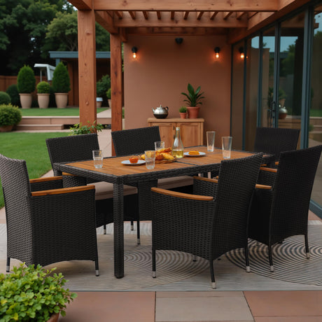 Greesum 7 Pieces Outdoor Patio Dining Set, Conversation Sets with 1 Table and 6 Rattan Chairs with Curved Acacia Wooden Armrests and Cushions, Black Greesum