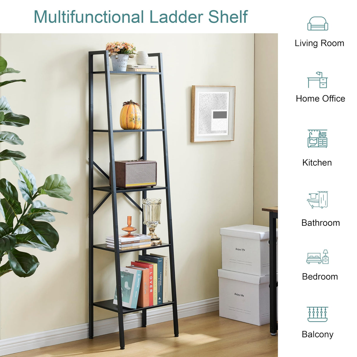 Hoctieon 5-Tier Industrial Ladder Bookshelf, Narrow Ladder Shelf, Tall Standing Bookshelf, Skinny Open Ladder Shelf, for Living Room, Home Office, Kitchen, Bedroom, Metal Frame, Black Hoctieon