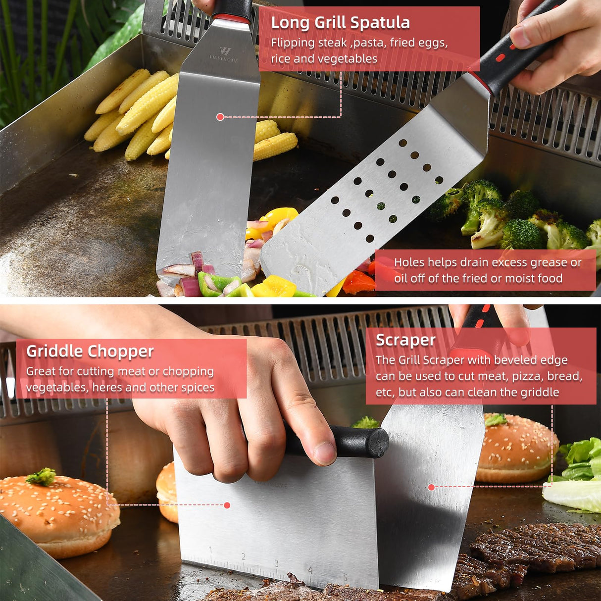 VIKEYHOME Griddle Accessories Kit, 28 Pcs Griddle Grill Tools Set, Professional Grill BBQ Spatula Set with Basting Cover, Spatula, Scraper, Bottle, Tongs, Egg Ring VIKEYHOME