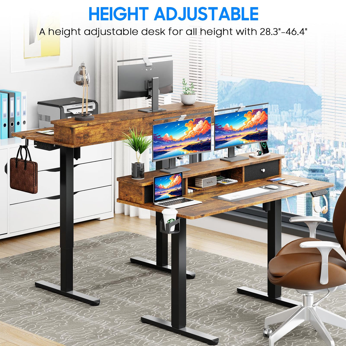 Vabches Electric Standing Desk Adjustable Height, LED Stand Up Desk with Drawers and Charging Station 48 Inch Ergonomic Sit Stand Desk with Storage Uplift Work Desk for Home Office (Rustic Brown) Vabches
