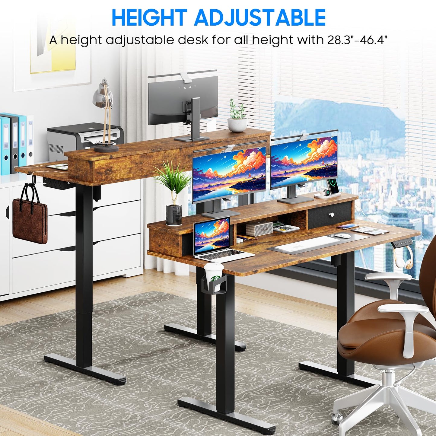 Vabches Electric Standing Desk Adjustable Height, LED Stand Up Desk with Drawers and Charging Station 48 Inch Ergonomic Sit Stand Desk with Storage Uplift Work Desk for Home Office (Rustic Brown)