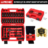 LLNDEI 3/8”Drive Impact Socket Set,Standard SAE(5/16 to 3/4-Inch) Metric Size(8-22mm), 95 Piece, CR-V Steel Deep&Shallow Kit, Adapters, Ratchet Handle, Screwdriver Bit Set, Spark Plug Socket, 6 Point LLNDEI
