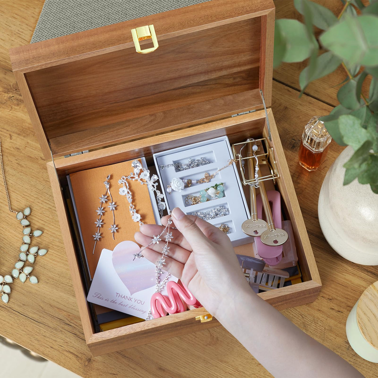 DRASTAR Keepsake Box, Wooden Box with Hinged Lid, Large Memory Box, Acacia Wooden Storage Box, Decorative Wooden Box with Lids, Treasure Box for Crafts, Photo Storage Box DRASTAR