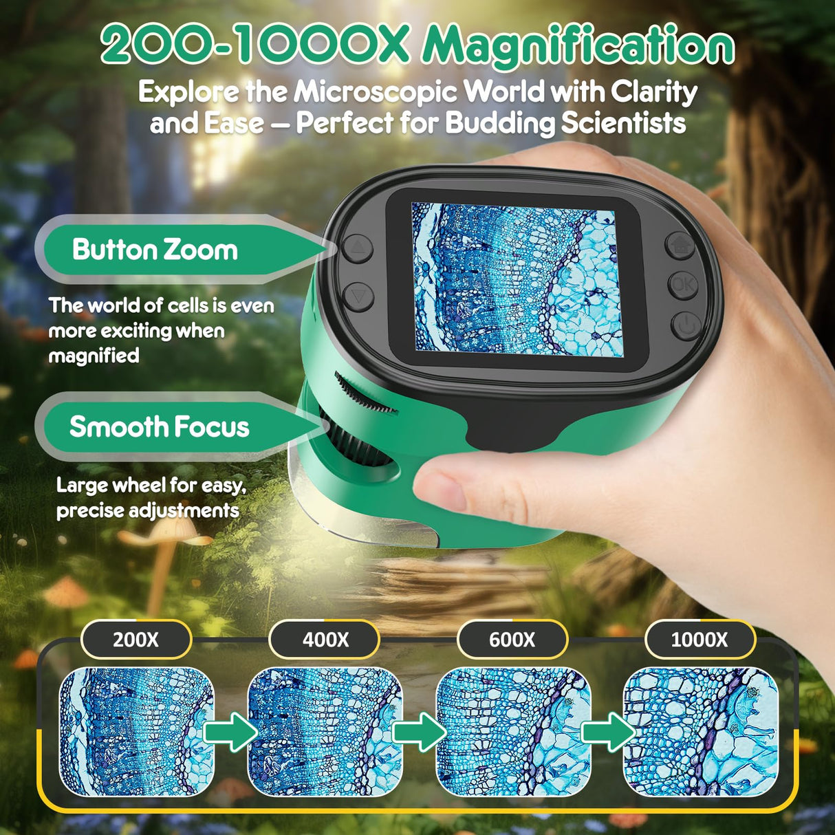 1000X Handheld Microscope for Kids 4K 2.0" Screen Rechargeable Mini Pocket Digital Microscopes w/Slides Kit Portable Edu Gift Age 4-6 8-12 Children Students (Green) BEBANG