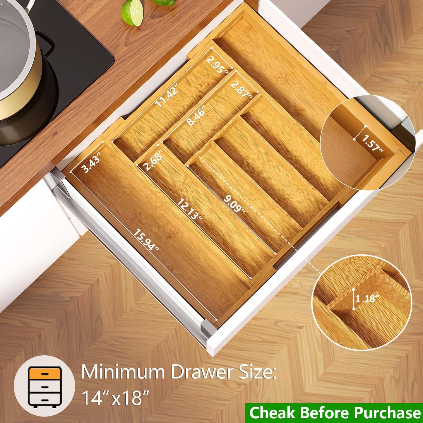 Pipishell Bamboo Expandable Drawer Organizer for Utensils Holder, Adjustable Cutlery Tray, Wood Drawer Dividers Organizer for Silverware, Flatware, Knives in Kitchen, Bedroom, Living Room