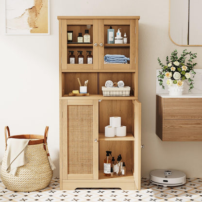 Irontar Rattan Bathroom Storage Cabinet, Bathroom Cabinet with Open Shelf, Large Display Cabinet with Rattan Doors, Kitchen Pantry Cabinet, 23.6 x 11.8 x 50.4 Inches, Natural CWG006M - WoodArtSupply