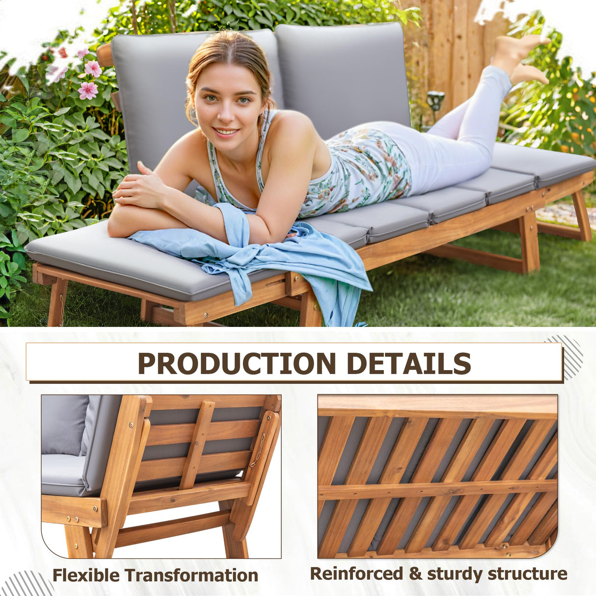 Devoko Outdoor Couch Acacia Wood Patio Couch with Adjustable Armrests,Outdoor Convertible Sofa with Removable Cushions&Pillows for Patio, Porch, Poolside(Grey) Devoko