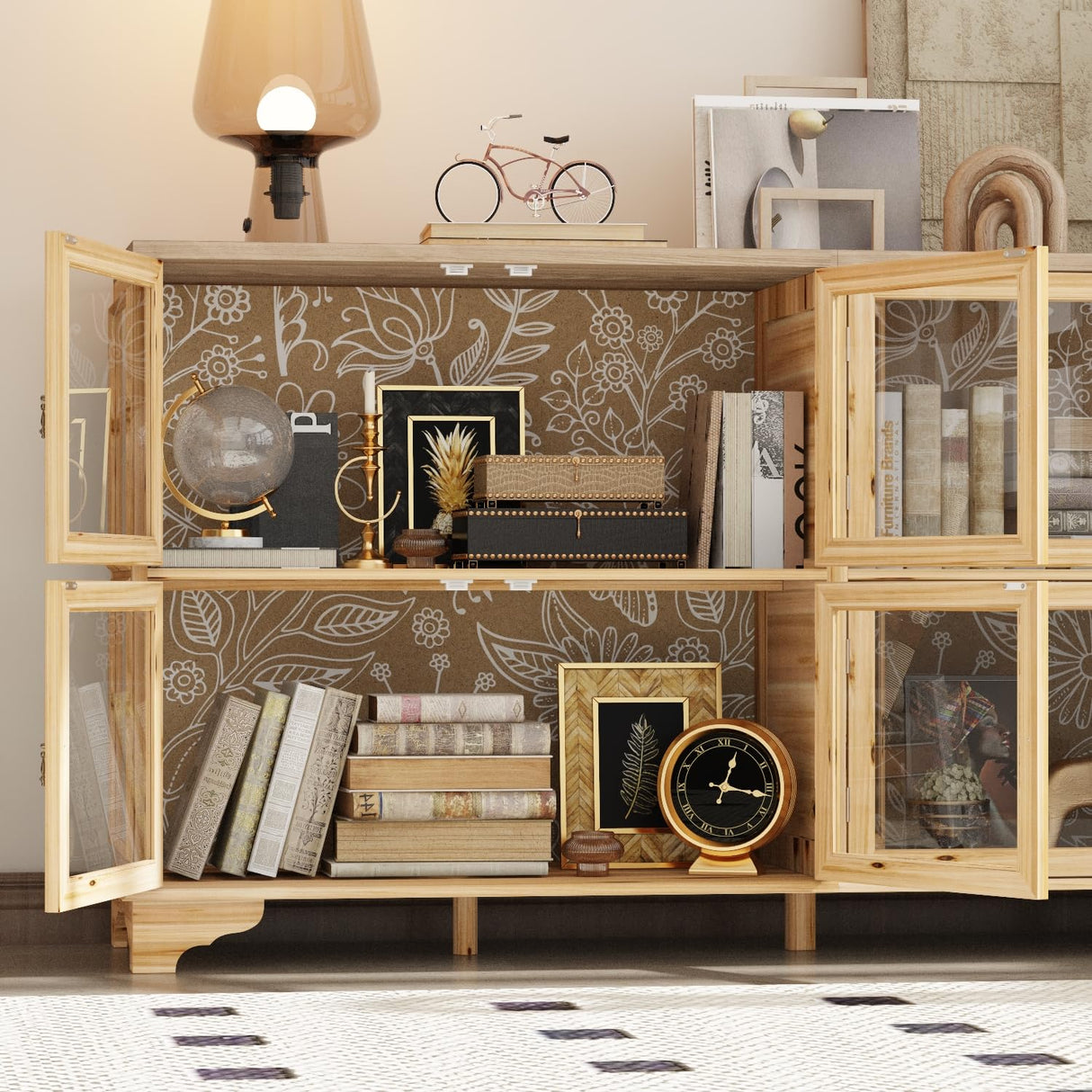 WOODTIME 78.7" W Wooden Sideboard with 8 Glass Doors & Fir Wood Frame, Storage Curio Display Cabinet with Patterned Backpanel, Coffee Bar Cabinet for Living Room Home Office, Brown WOODTIME