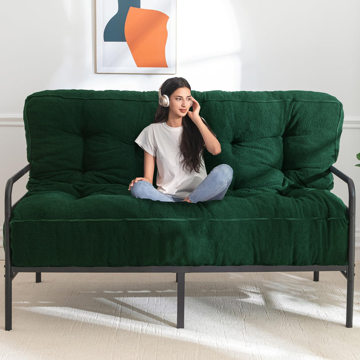 MAXYOYO 8" Futon Mattress Full Size, Ultra Thick Boucle Futons Sofa Couch Bed Sleeper Sofa Bed Floor Mattress for Adults, Shredded Foam Filling (Frame Not Included), Green MAXYOYO