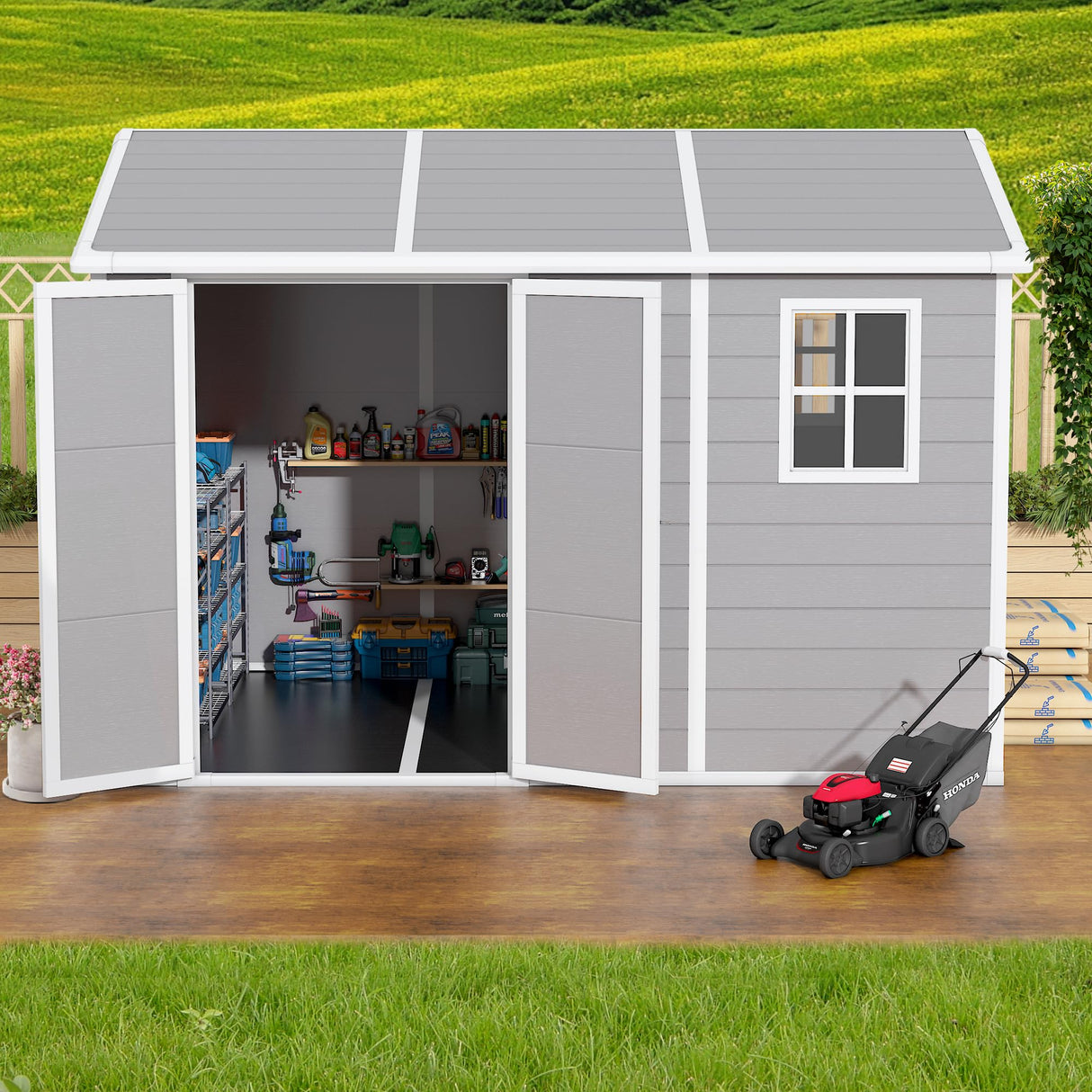 10x8 FT Resin Outdoor Storage Shed with Floor, Weather-Resistant Plastic Garden Shed with Windows, Lockable Door and Vents, Outside Tool Storage Sheds for Backyard, Garden, Lawn, Grey Pipleo