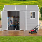 10x8 FT Resin Outdoor Storage Shed with Floor, Weather-Resistant Plastic Garden Shed with Windows, Lockable Door and Vents, Outside Tool Storage Sheds for Backyard, Garden, Lawn, Grey Pipleo