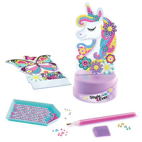 Canal Toys Style 4 Ever Diamond Art Unicorn or Butterfly Lamp Set. Bead up The Unicorn and Butterfly, Then swap Out on The Light up Base. Age 6+ Canal Toys