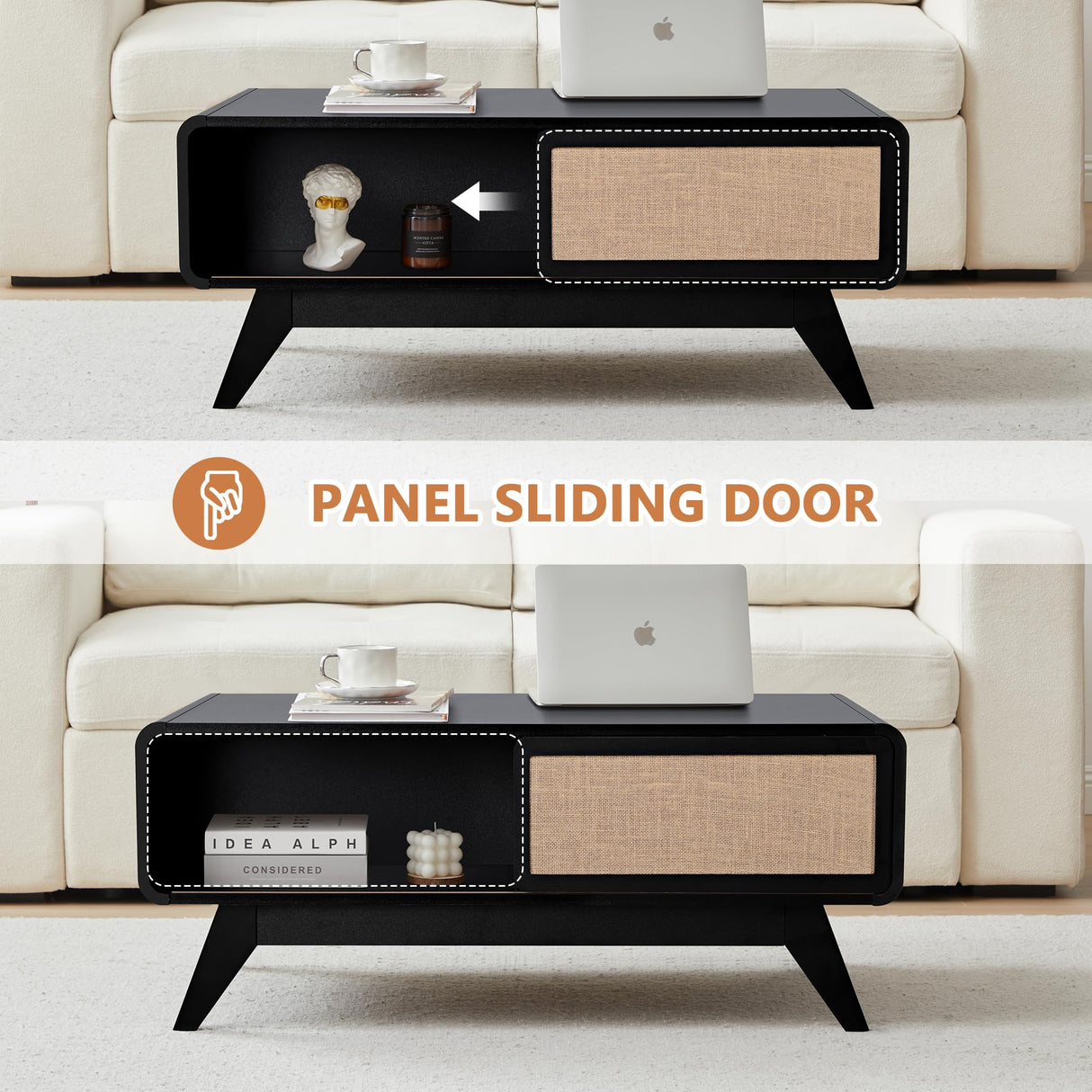 AVZEAR Mid Century Modern Coffee Table with Storage, Farmhouse Coffee Table Accent Center Tables with Sliding Linen Door Panel, Dining Table Centerpiece Decor Wood Coffee Table for Living Room, Black AVZEAR