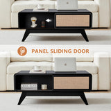 AVZEAR Mid Century Modern Coffee Table with Storage, Farmhouse Coffee Table Accent Center Tables with Sliding Linen Door Panel, Dining Table Centerpiece Decor Wood Coffee Table for Living Room, Black AVZEAR