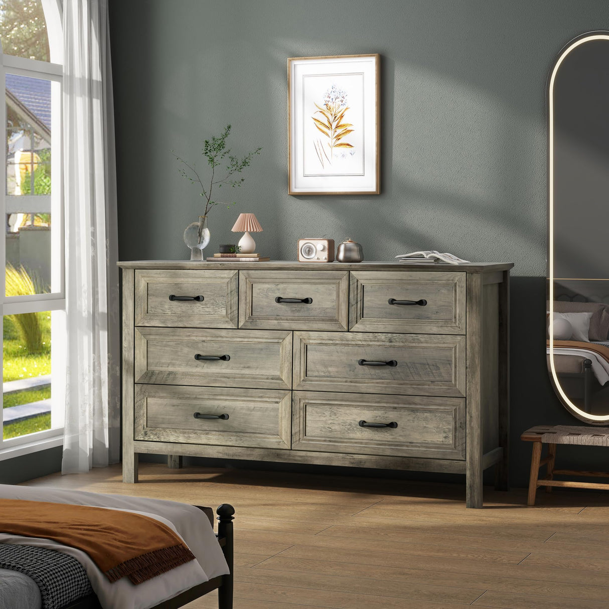 Nasonet Farmhouse 7-Drawer Dresser for Bedroom, 52" Wide Wood Chest of Drawers with Large Metal Handles, Grey Dressers Storage Organizer for Bedroom, Living Room & Hallway Nasonet