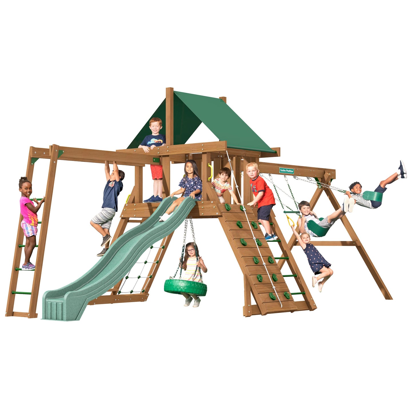 Creative Playthings Northbridge Pack 2 Wooden Swing Set (Made in The USA), includes Climbing Wall for Kids, Playground Swings & Slide, Monkey Bars and Tire Swing, 22x12x11 ft