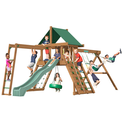 Creative Playthings Northbridge Pack 2 Wooden Swing Set (Made in The USA), includes Climbing Wall for Kids, Playground Swings & Slide, Monkey Bars and Tire Swing, 22x12x11 ft