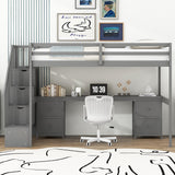 SOFTSEA Twin Loft Bed with Desk, Storage Stairs & Drawers in Grey SOFTSEA