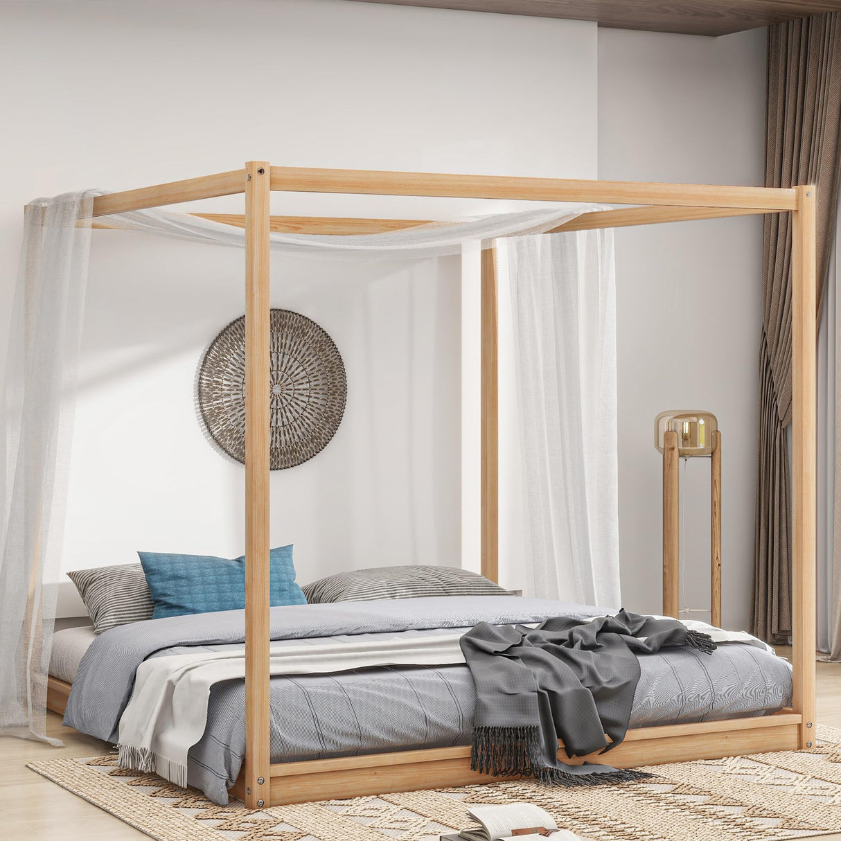 Stylish King Size Canopy Bed Frame in Natural Wood Finish with Slat Support Bellemave