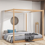 Stylish King Size Canopy Bed Frame in Natural Wood Finish with Slat Support Bellemave