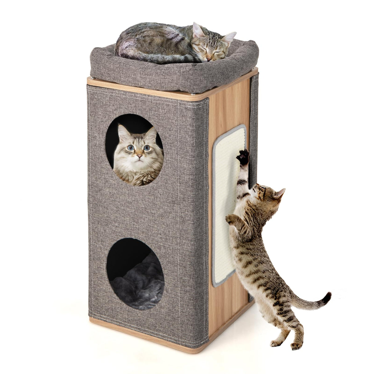 Tangkula 3-Story Cat Tree Condo, Wooden Cat House with Scratching Board, 2 Hideaways & Removable Soft Top Plush Bed, Modern Barrel-Shaped Cat Tower Furniture for Indoor Cats (Grey) Tangkula