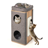 Tangkula 3-Story Cat Tree Condo, Wooden Cat House with Scratching Board, 2 Hideaways & Removable Soft Top Plush Bed, Modern Barrel-Shaped Cat Tower Furniture for Indoor Cats (Grey) Tangkula