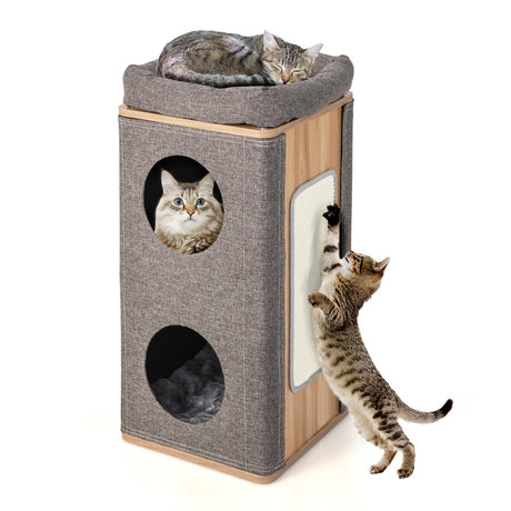 Tangkula 3-Story Cat Tree Condo, Wooden Cat House with Scratching Board, 2 Hideaways & Removable Soft Top Plush Bed, Modern Barrel-Shaped Cat Tower Furniture for Indoor Cats (Grey) Tangkula