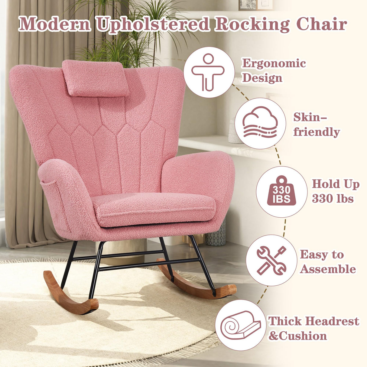 VECELO Rocking Chair Nursery with Thick Headrest, Modern Teddy Upholstered Reading Glider Rocker Accent Armchair with High Backrest, Padded Seat, Side Pocket, for LivingRoom, Baby Room, Soft Pink VECELO