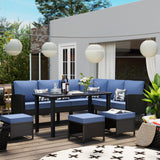 HLNPTN 7-Piece Patio Furniture Set, Outdoor Couch with Dining Table & Ottomans, PE Rattan Sofa Set with Cushions for Deck, Yard, Poolside (Blue) HLNPTN
