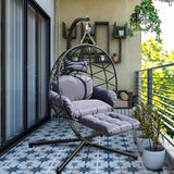 Indoor Outdoor Hanging Egg Chair with Stand & Leg Rest – Heavy-Duty Steel Frame, Handwoven Rattan Swing Chair for Patio, Garden, Bedroom – 350 lbs Capacity, Ergonomic Design (Black) Nevsokio