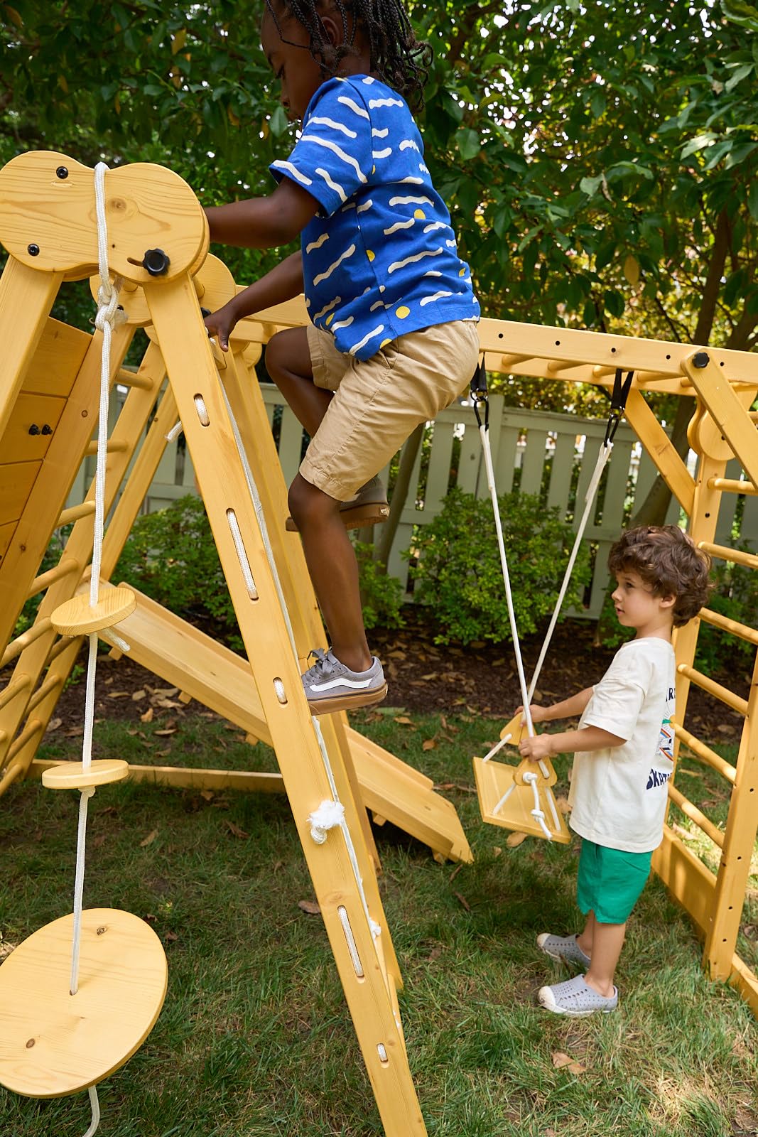 Avenlur 7-in-1 Indoor/Outdoor Foldable Playset for Kids - with Slide, Climbing Wall, Monkey Bars, Swing - WoodArtSupply