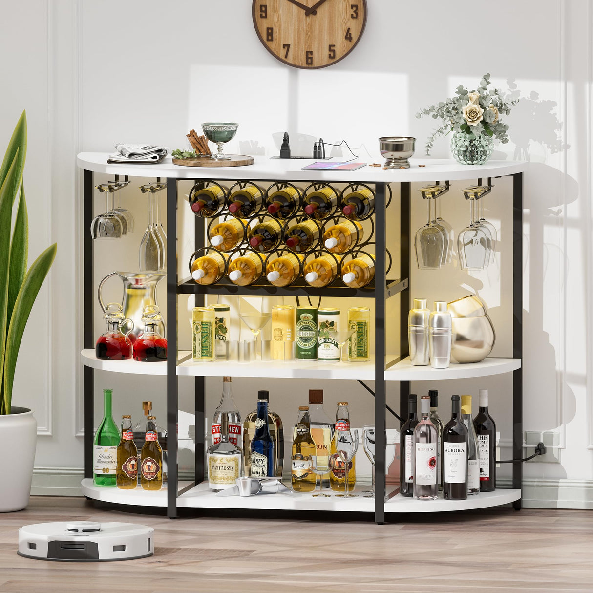 Furmax Wine Bar Cabinet for Liquor Bar Table Bar Cabinet with Lights and Outlet 4-Tier Storage Freestanding Wine Racks with Glass Holder Mini Bars for Home, Bar Furmax