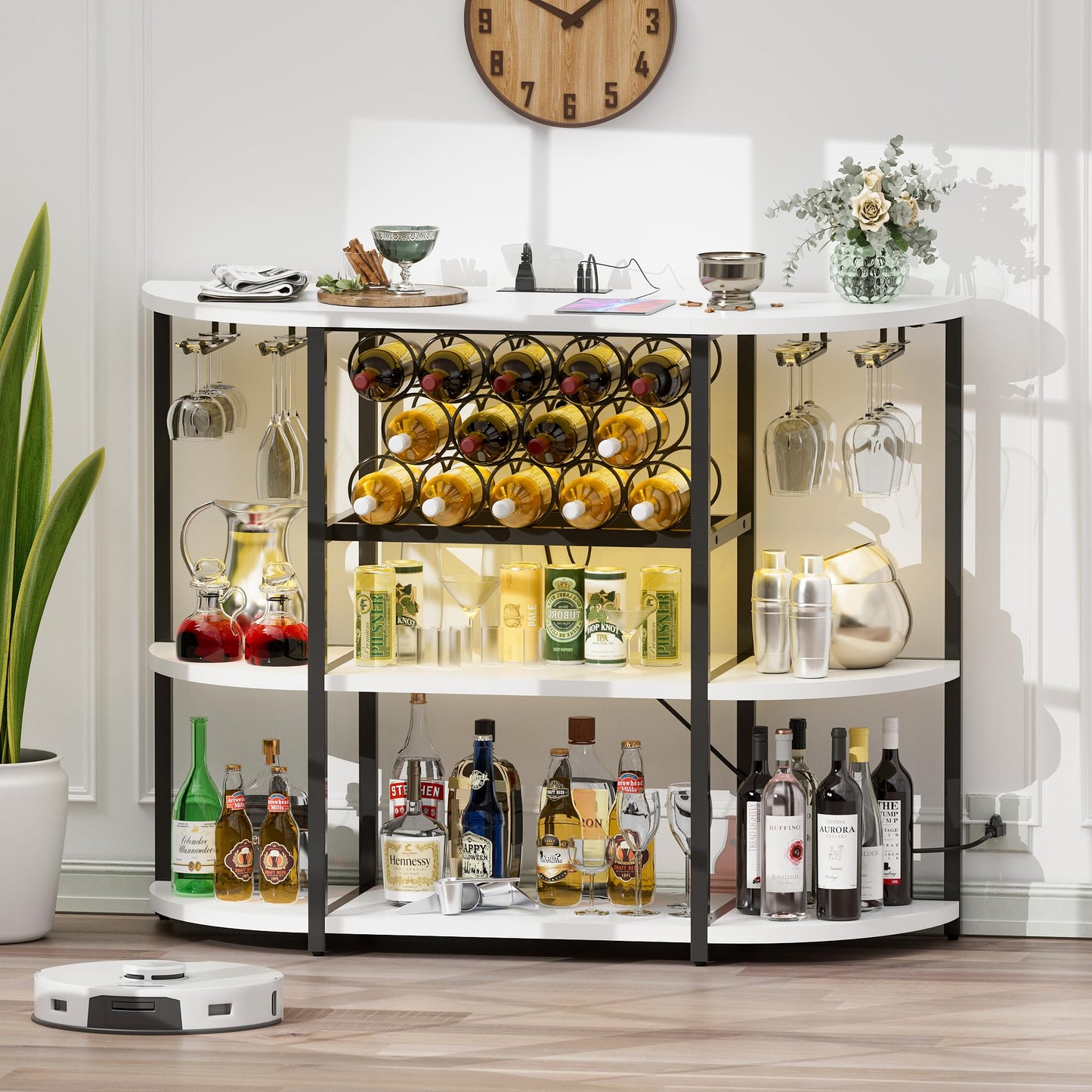 Furmax Wine Bar Cabinet for Liquor Bar Table Bar Cabinet with Lights and Outlet 4-Tier Storage Freestanding Wine Racks with Glass Holder Mini Bars for Home, Bar