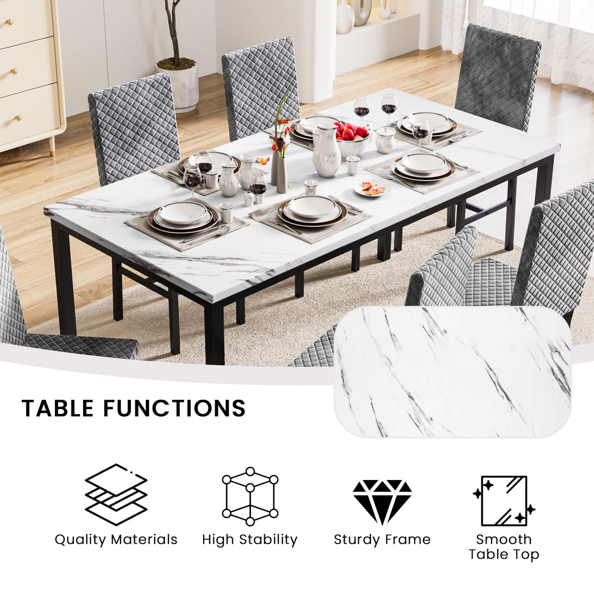 Recaceik 7 Piece Dining Table Set for 6 with Chairs of Velvet Foam, Faux Marble Kitchen Dining Table Set for Small Space, Living Room, Apartment (Grey) Recaceik