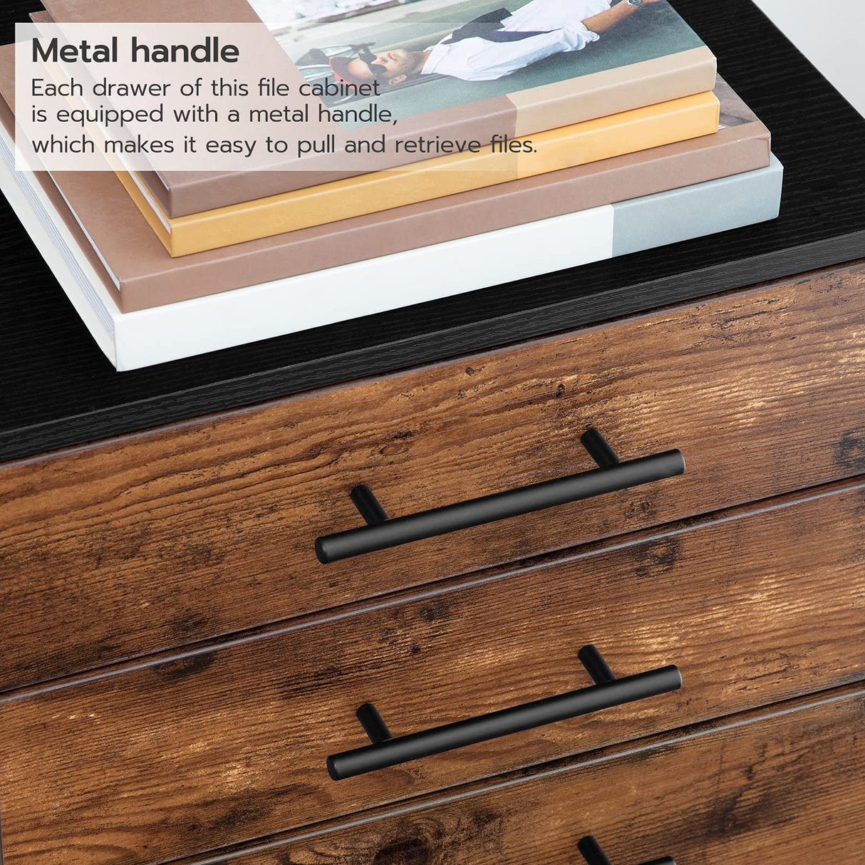 HOOBRO 3-Drawer File Cabinet, Wooden Under Desk Filing Cabinet, fits A4/Letter Size for Home Office, Small Rolling File Cabinet, Printer Stand, Hanging File Folders, Rustic Brown and Black BF02WJ01G1 HOOBRO