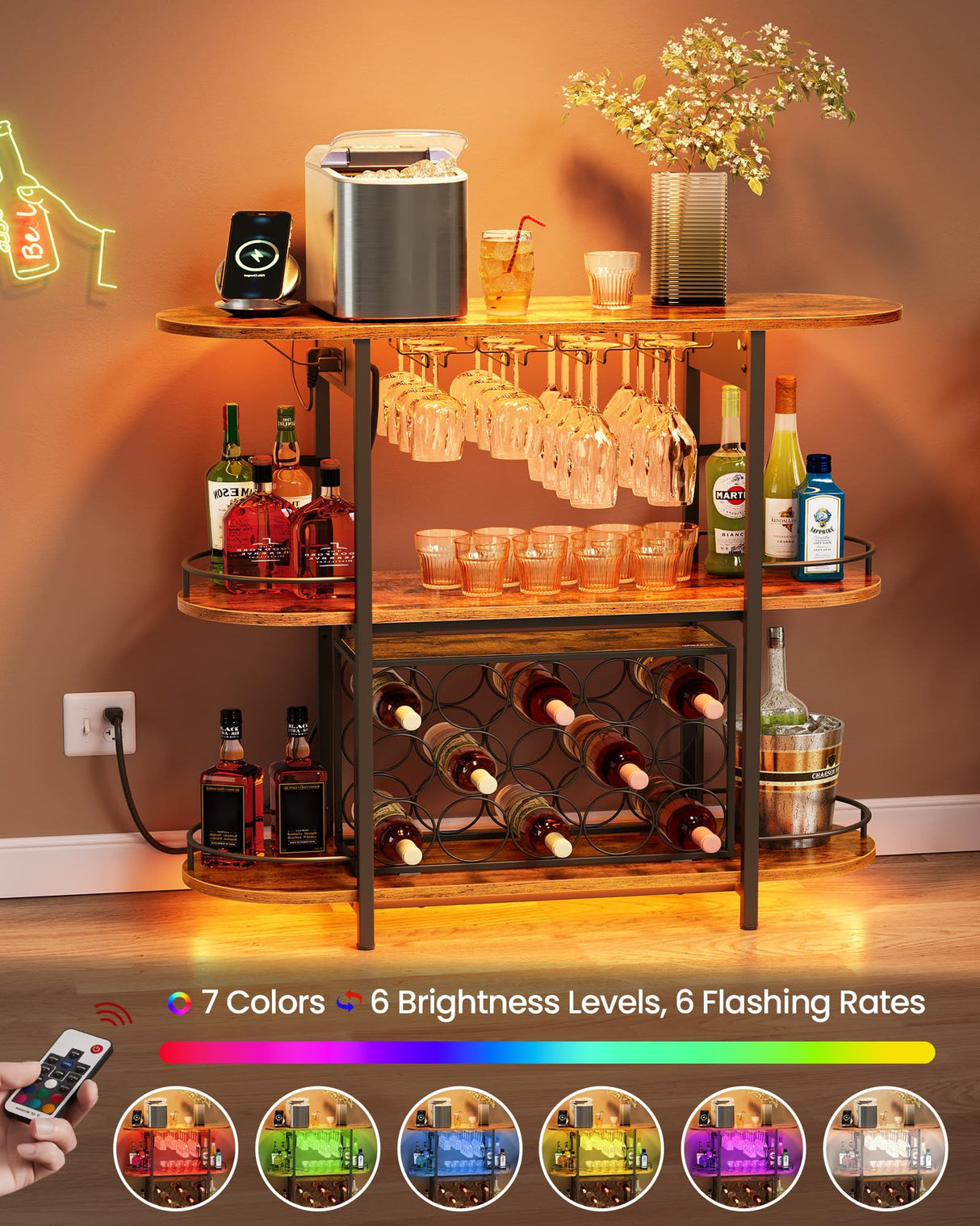 VASAGLE Bar Cabinets for Home, LED Coffee Bar with Power Outlets, Home Mini Bar for Liquor, Freestanding Wine Rack with Glass Holder, Kitchen, Dining Room, Rustic Brown ULWR007K01 VASAGLE