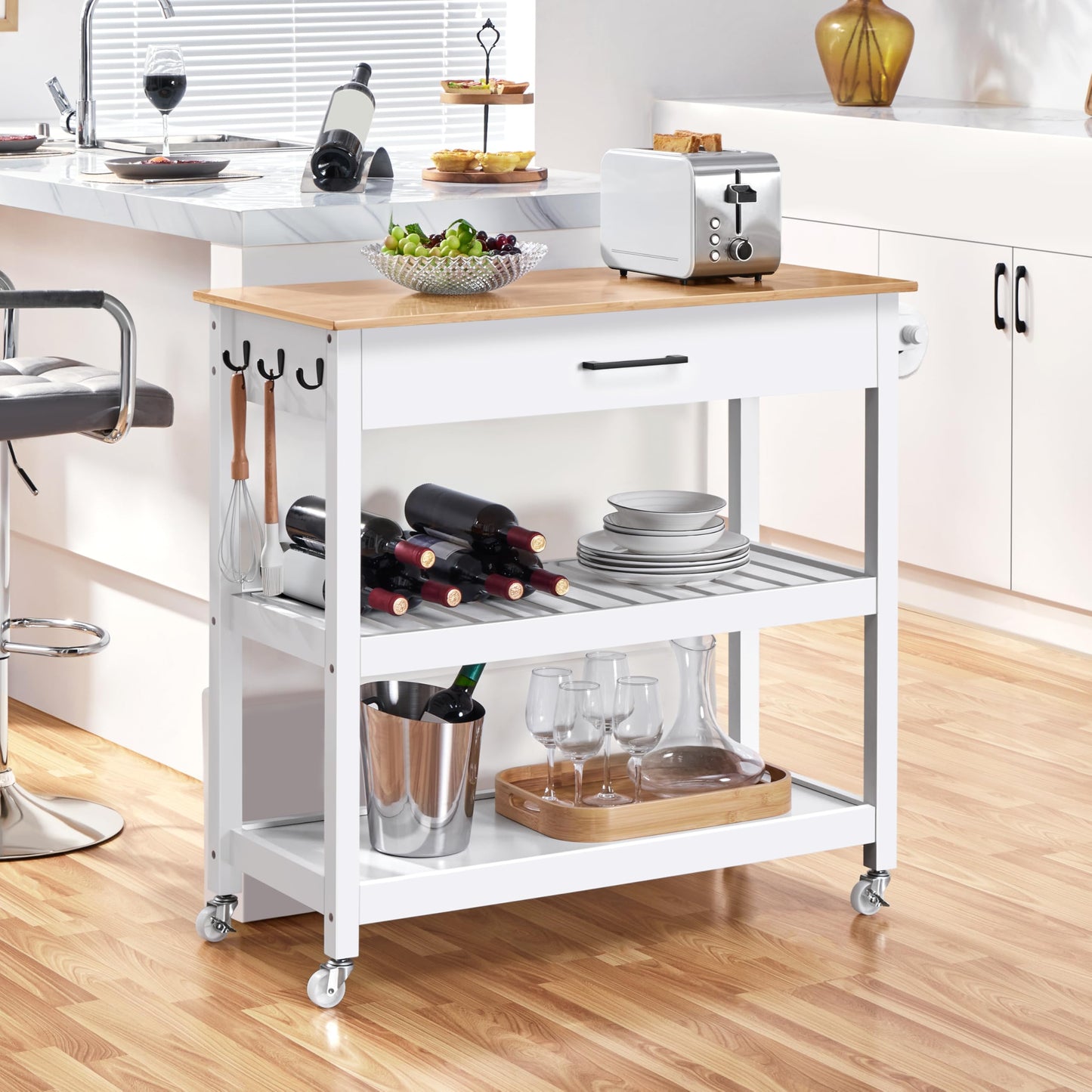 Yaheetech Kitchen Island Cart on Wheels with Bamboo Tabletop, 3-Tier Rolling Kitchen Island Microwave Cart with Drawer, Detachable Towel, 3 Hooks, 17″D × 37.5″W, White