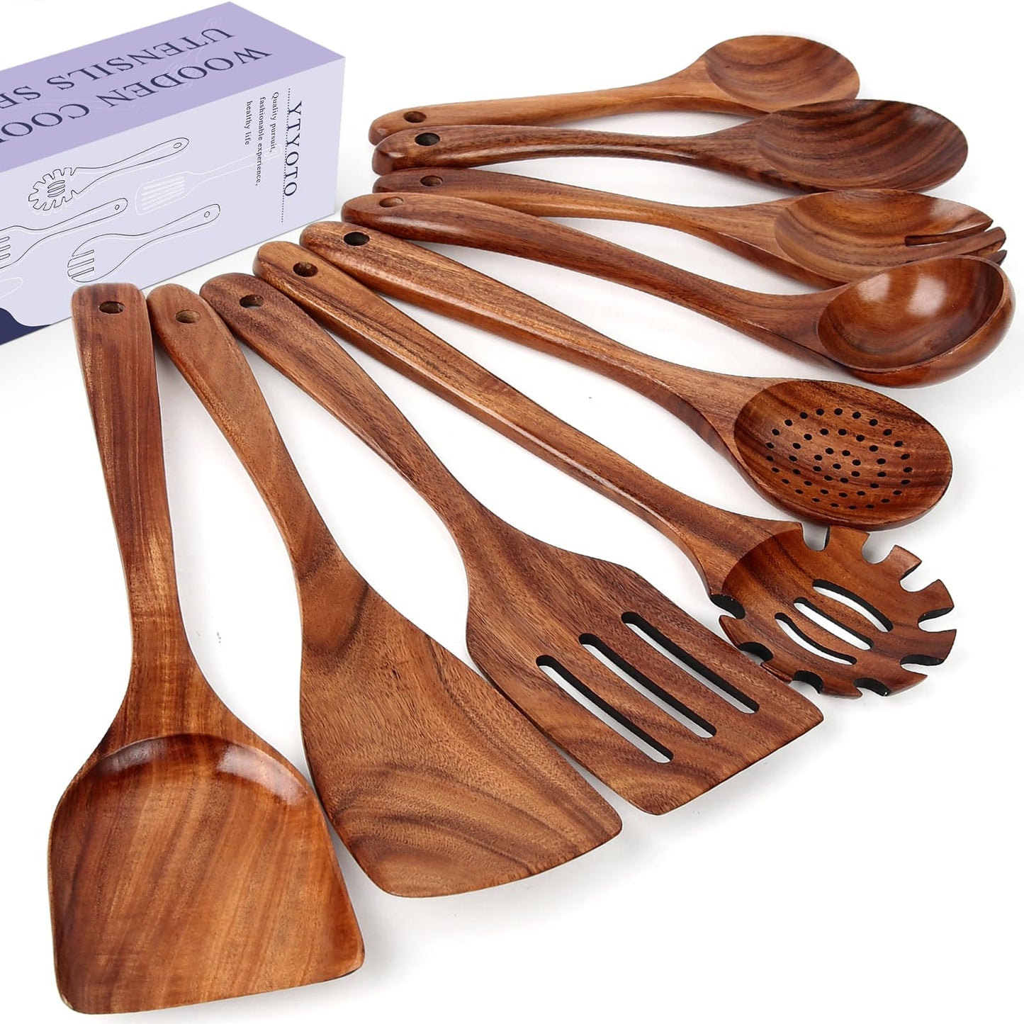 Teak Wooden Spoons for Cooking, Natural Solid Wooden Kitchen Cooking Utensils, Essential Wooden Kitchen Tools(9Pcs)