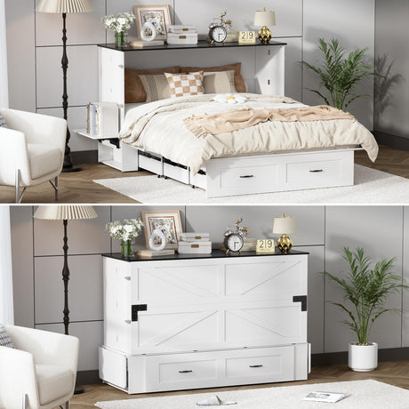 WJFORLION Murphy Bed Queen, Foldable Bed Murphy Cabinet with Storage & Charging Station, Bed Frame for Living Room, Guest Bedroom WJFORLION
