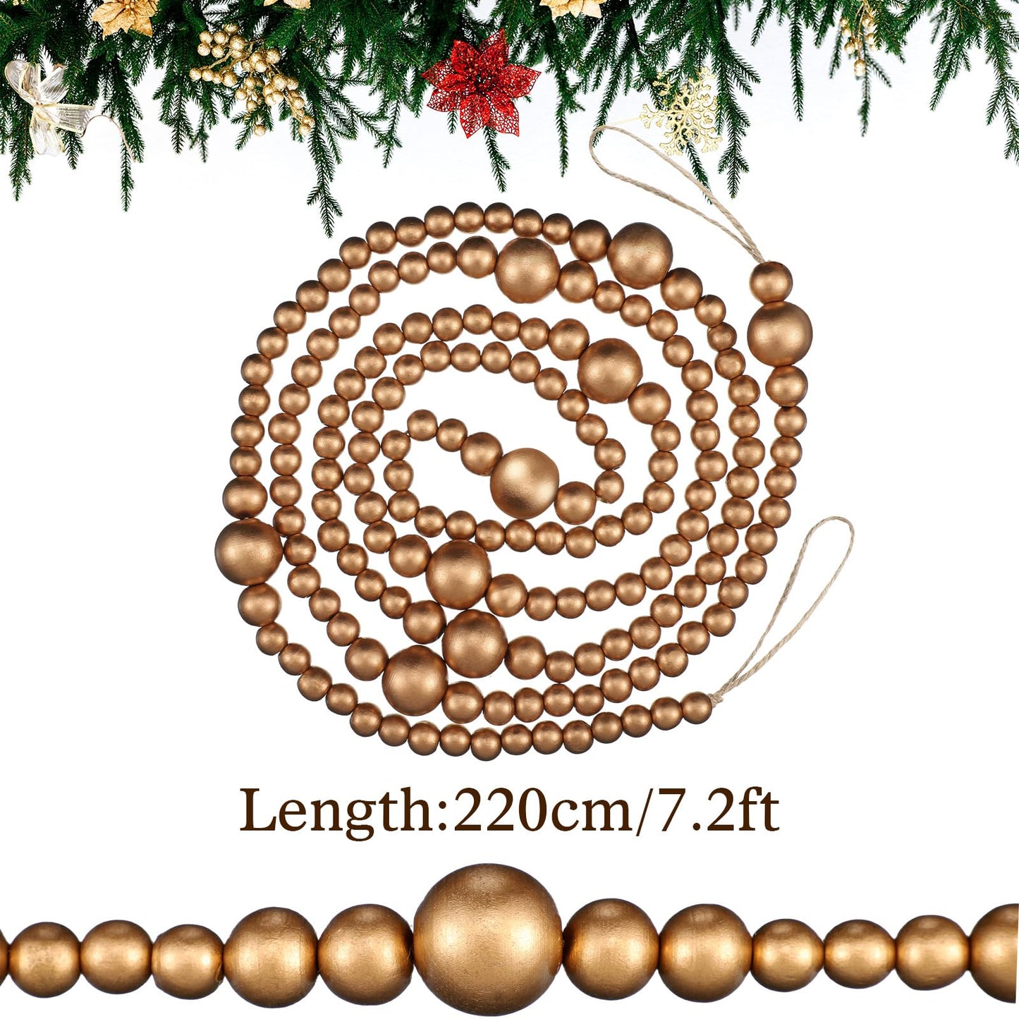 Bucherry 4 Pcs Christmas Wood Bead Garland 28.8 Feet Wooden Beaded Garland Boho Farmhouse Garland Farmhouse Home Decor Hanging Decorations Ornaments for Xmas Tree Wall, 7.2 Feet/ 1 Pcs (Golden)