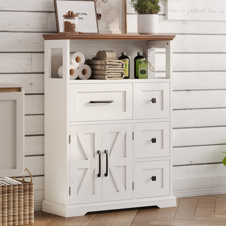 IRONCK Farmhouse Storage Cabinet, Bathroom Floor Cabinet with 4 Drawers & Shelves, 31.5" Wide Kitchen Pantry Cabinet, Adjustable Shelf, Barn Doors, Bathroom, Kitchen,White/Walnut IRONCK