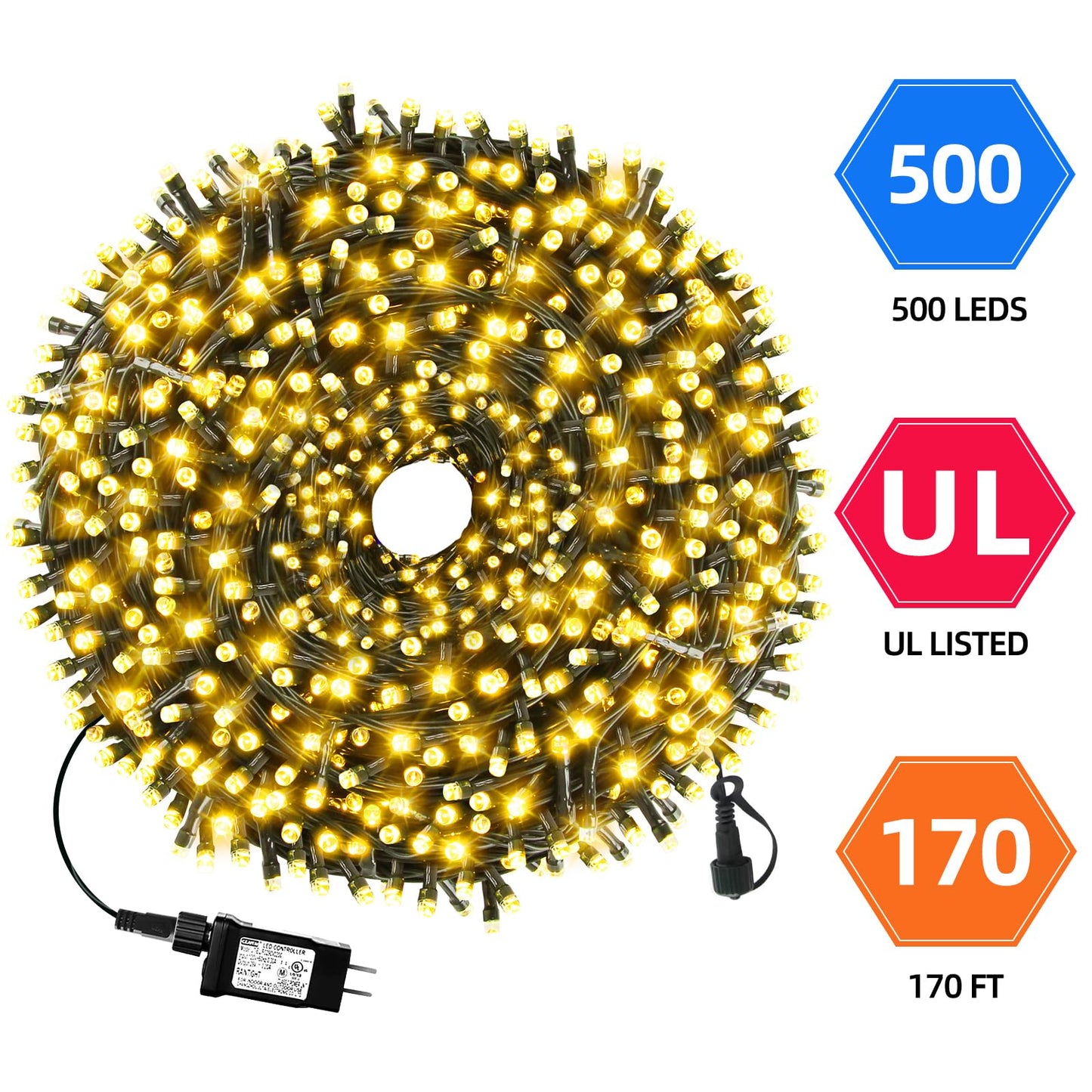 MZD8391 170FT 500 LED Christmas Lights Outdoor Indoor, Waterproof Christmas Tree Lights for Christmas Decorations with Timer, 8 Modes Memory Function (Warm White)