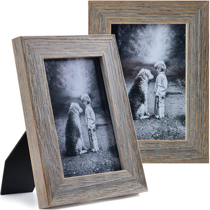 Yaetm 4x6 Rustic Wooden Picture Frame Set of 2, Farmhouse Solid Wood Frame with High Definition Real Glass, Distressed Grey Photo Frames for Table Top & Wall Mounting Display