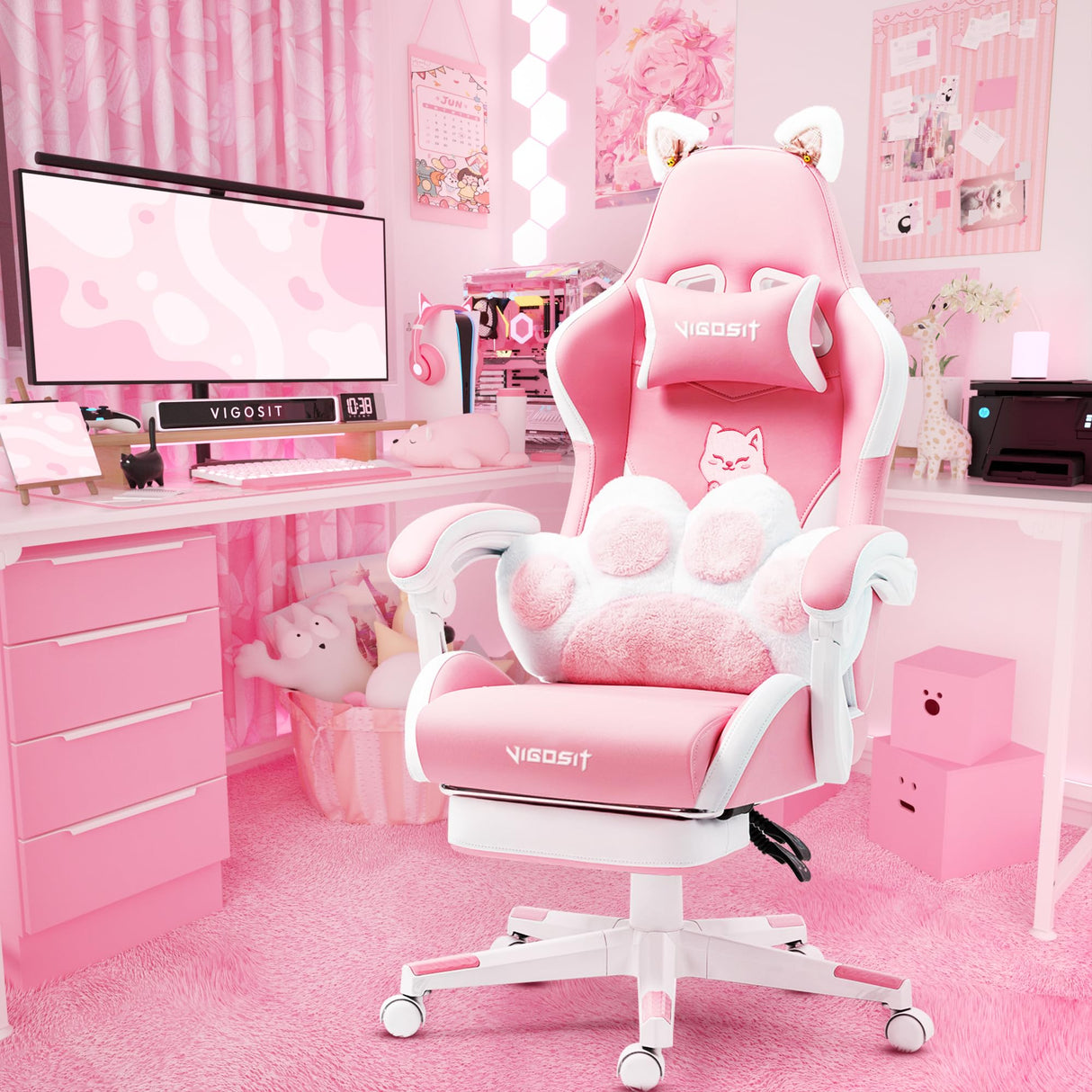 Vigosit Pink Gaming Chair with Cat Paw Lumbar Cushion and Cat Ears, Ergonomic Computer Chair with Footrest, Reclining PC Game Chair for Girl, Teen Vigosit
