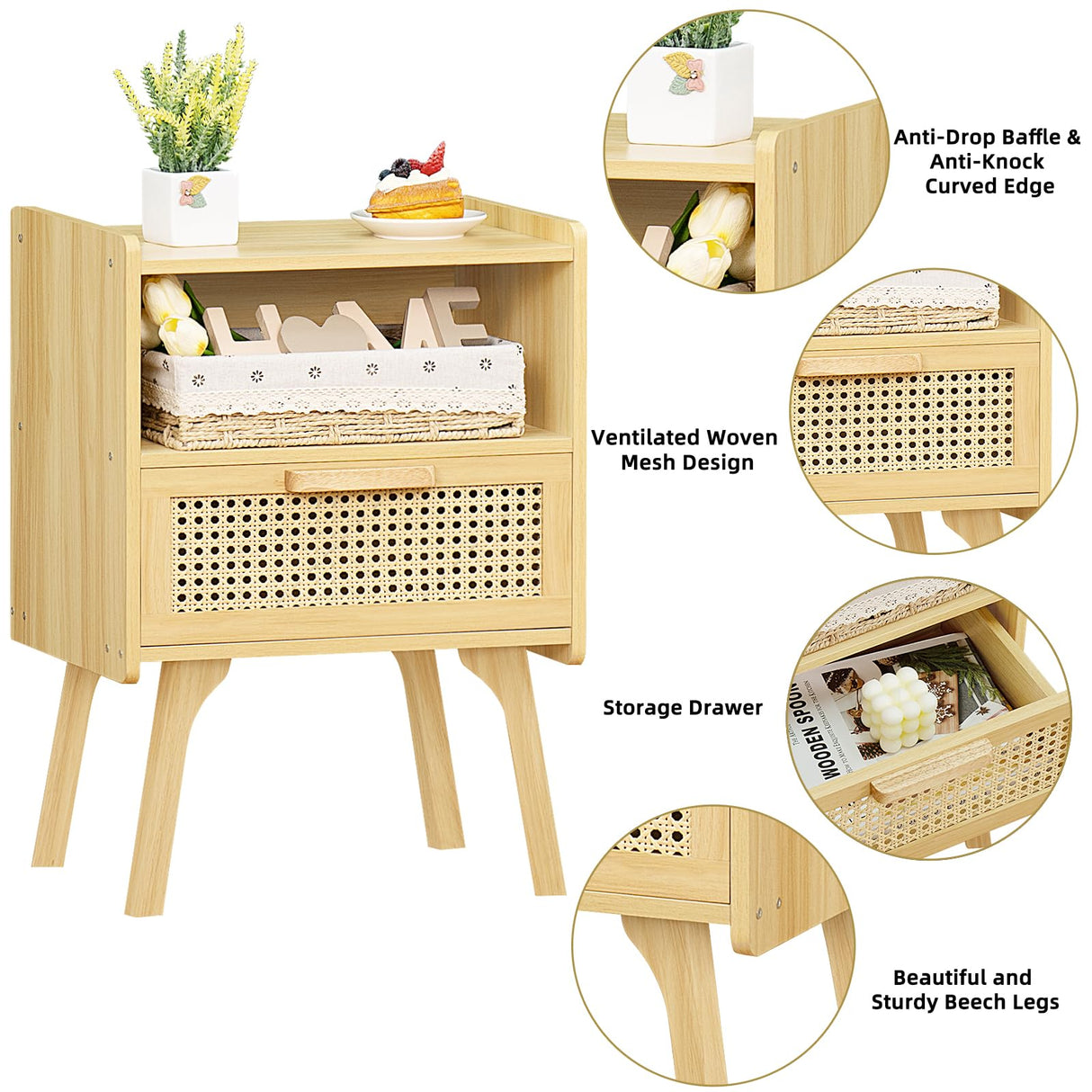 Lerliuo Rattan Nightstand, Boho Night Stand with Handmade Natural Rattan Drawer and Open Shelf, Cane Accent Side Table, End Tables with Solid Wood Legs for Bedroom, Dorm and Small Spaces Lerliuo